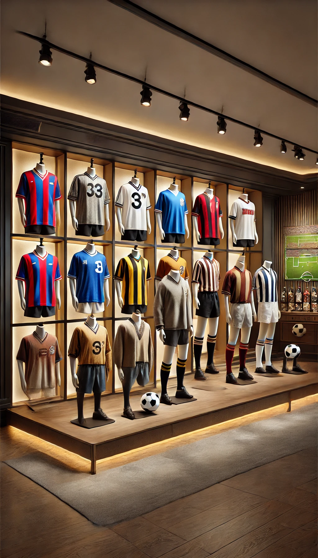 Vitrine com camisas de futebol históricas em exposição