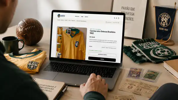 Corredor de loja com camisas de futebol colecionáveis expostas